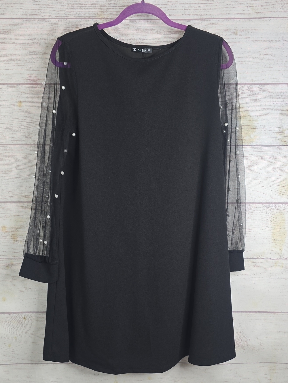 SHEIN Black A-Line Dress with Sheer Pearl-Studded Sleeves
